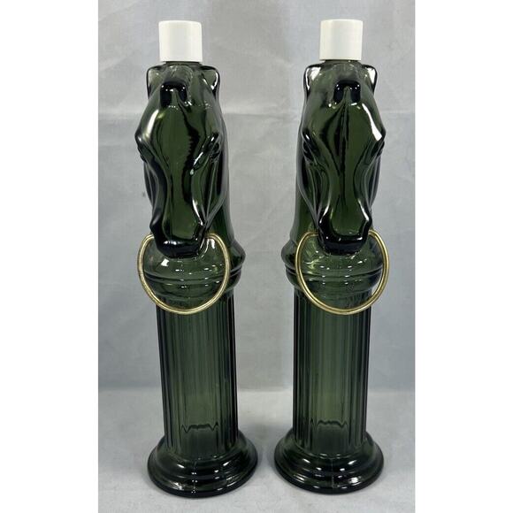 AVON Pony Post Decanter, Leather After Shave Lotion Glass Bottle, Green Lot Of 2 - Picture 2 of 13